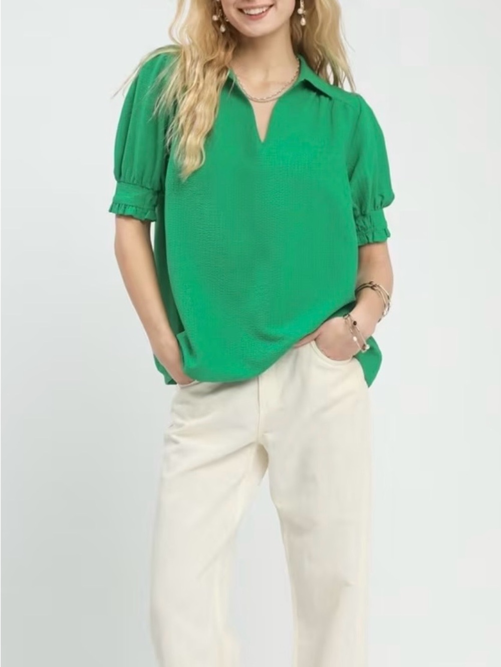 Umgee Emerald Green Short Sleeve Ruffle Blouse